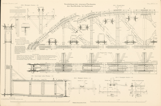 Ein altes Buch mit einer Zeichnung einer Eisenbahnschiene, gefüllt mit detaillierten Diagrammen und Texten über den Bau einer Brücke.