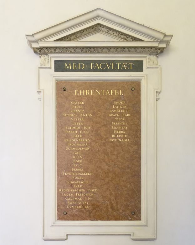 Weißer rechteckiger Schild mit schwarzer fettgedruckter Schrift "Med Facilitat" in der Mitte auf einer Gebäudewand.