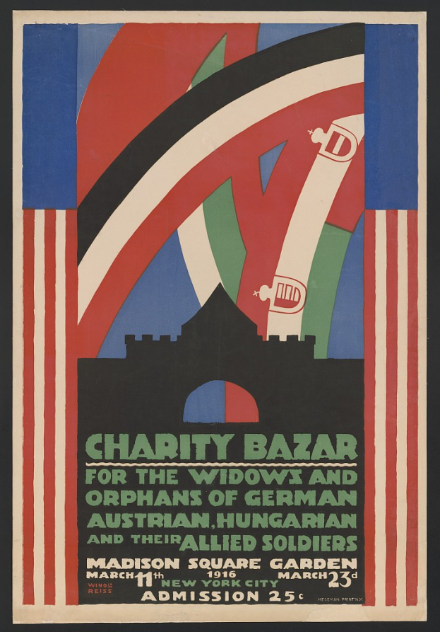Charity Bazaar-Plakat für die Witwen und Waisen deutscher, australischer, ungarischer und alliierter Soldaten mit Ereignisinformationen im Text.
