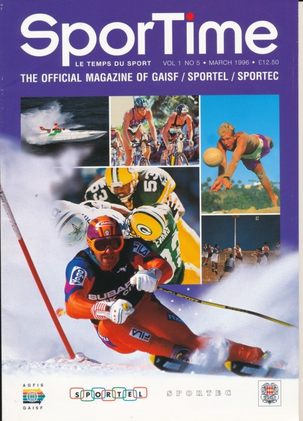 Titelbild von *Sporttime Magazine* (März 1996) mit Bildern von Skifahren und Snowboarden neben Text und Logos.