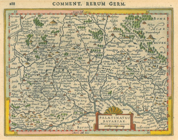 Ein altes Deutschlandkarte, das die Provinzen Pfalz und Bayern hervorhebt, mit zusätzlichem Text für weitere Informationen.