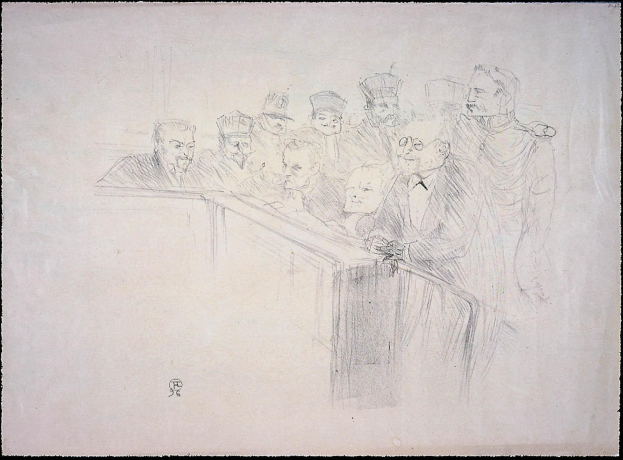 Schwarz-weiß-Zeichnung von Menschen, die an einem unordentlichen Tisch in einem Gerichtssaal sitzen, mit einem Richter oder Beamten und einer ernsten oder besorgten Atmosphäre.