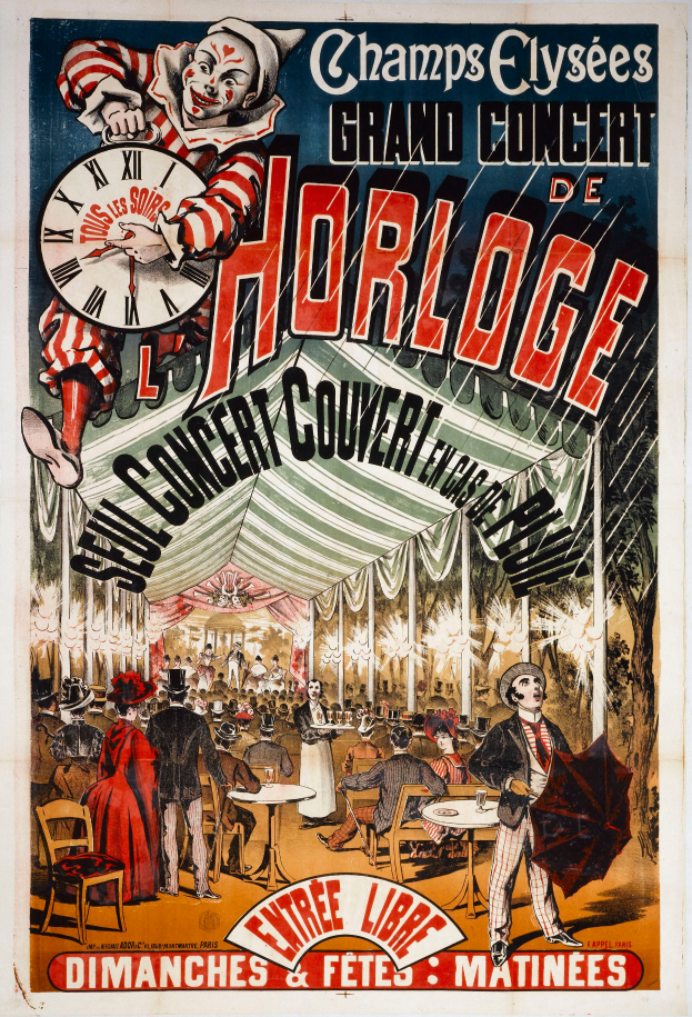 Ein Plakat, das ein großes Konzert von Horloge an der Champs-Élysées ankündigt, mit einer Gruppe von Menschen, von denen einer einen Schirm hält und ein Uhr im Hintergrund zu sehen ist.