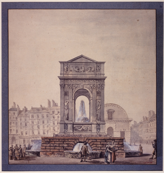 Ein gerahmtes Bild einer Brunnenanlage im Zentrum eines Stadtplatzes, umgeben von Gebäuden und Menschen.