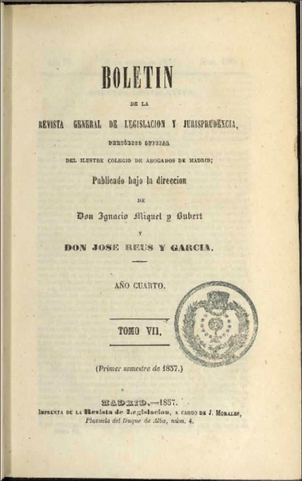 Ein altes Buch mit schwarzem Hintergrund und einem Stempel, auf dem der Text 'Boletin de la Revista General de Legislación y Jurisprudencia' steht.