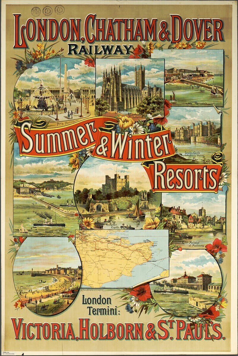 Plakatwerbung für London, Chatham und Dover Railway's Sommer- und Winterresorts, zeigt Bilder von Gebäuden, Bäumen, Blumen, einer Karte und beschreibenden Text.