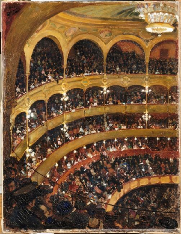 Gemälde mit dem Titel 'Das Konzertgebäude' (1892), das ein großes Auditorium mit Menschen, Kronleuchtern, Geländern und Säulen zeigt.