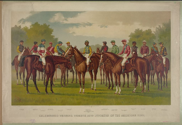 Gruppe von Menschen, die auf Pferden reitet, auf einer grünen Wiese mit Bäumen und einem blauen Himmel, Text unten lautet "Feiernder Siegerpferde und Jockeys der amerikanischen Rennbahn".
