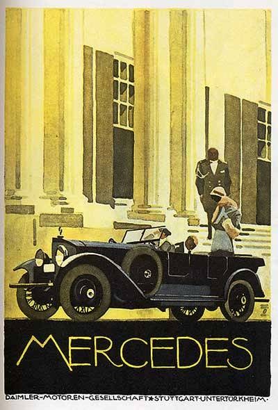 Vintage 1920er-Jahre-Mercedes-Benz-Plakat mit einem klassischen Auto vor einem modernen Gl├Ąserturm, mit zwei Personen im Auto und fetter schwarzer Schrift, die 'Mercedes-Benz' lautet.