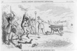 Eine Schwarz-Weiß-Zeichnung von Männern in einem Feld, einige halten Gewehre und andere liegen am Boden, mit Text oben und unten, der "Dunkle Artillerie oder Wie man die Kontrabande nutzt" lautet.