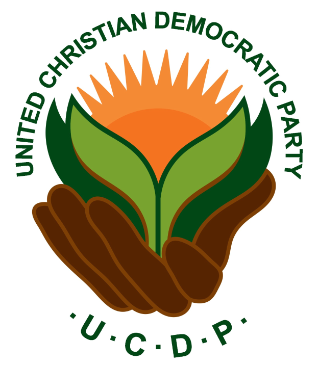 Logo der Vereinigte Christdemokraten (UCDP): eine Hand, die eine leuchtend gelbe Blume mit grünem Stiel und Blättern hält, mittig in einem blauen und gelben Kreis auf einem weißen Hintergrund, mit der schwarzen Schrift 'UCDP' darunter.