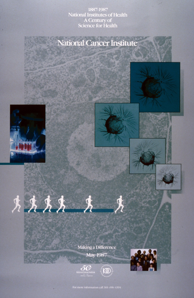 Buntes Plakat mit einem blauen Hintergrund und weißer Schrift, die "National Cancer Institute" in fetten, Großbuchstaben lautet, umgeben von überlappenden Kreisbildern von lächelnden Menschen verschiedenen Alters, Geschlechts und Ethnien.