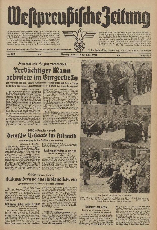Schwarz-weißer Titelseite einer deutschen Zeitung vom 13. November 1939 mit der Schlagzeile "Weitpreubliche Zeitung" und einem Foto von Menschen in traditioneller deutscher Kleidung in einer feierlichen Umgebung.