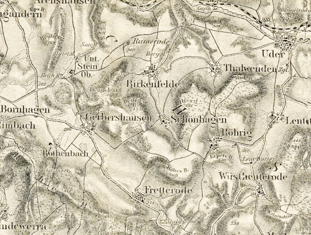 Ein detaillierter alter Stadtplan von Schonhagen, Deutschland, der Straßen, Gebäude und Sehenswürdigkeiten mit Textbeschriftungen zeigt.