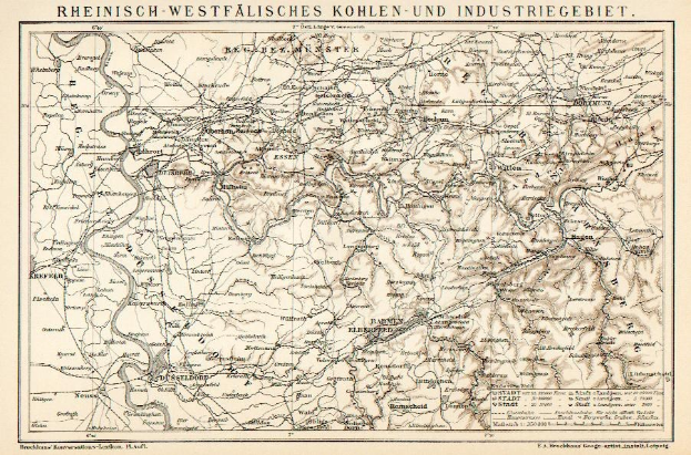 Alte detaillierte Karte des Rheinisch-Westfälischen Kohle- und Industriegebiets, die geographische Merkmale wie Flüsse, Berge und Städte zeigt, mit Text oben und unten auf dem Papier.
