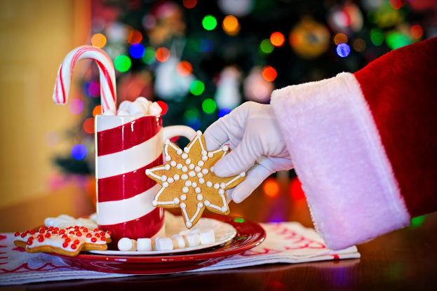 Eine Person mit einem Santa Claus Hut hält einen Becher heiße Schokolade und einen Zuckerstange in der Hand und hat einen Teller mit Keksen und ein Tuch auf dem Tisch vor sich, vor einem festlichen Hintergrund mit einem Weihnachtsbaum und einer Wand.