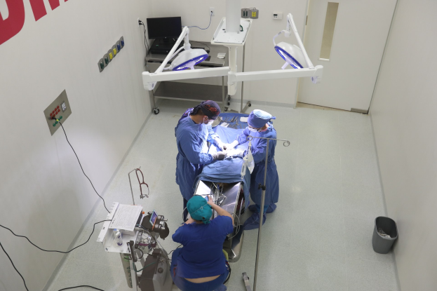 Chirurgen führen eine Operation an einem Patienten in einem Operationssaal mit medizinischer Ausrüstung, einem Monitor, einer Wand mit Text und einem Objekt auf dem Boden durch.