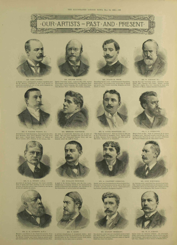 Eine Sammlung von illustrierten Porträts verschiedener Männer, die in einem alten Buch unter dem Titel 'Unsere Künstler - Vergangenheit und Gegenwart' ausgestellt sind.