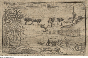 Eine Gravur einer Bauernszene mit Schweinen und einem Mann im Vordergrund, umgeben von Bäumen, Häusern und einem Zaun, mit Text unten.