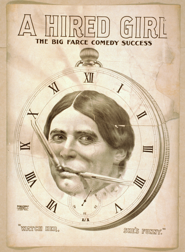 Ein Plakat mit einer entschlossenen Person im Hintergrund, das 'A Hired Girl: The Big Farce Comedy Success' ankündigt.