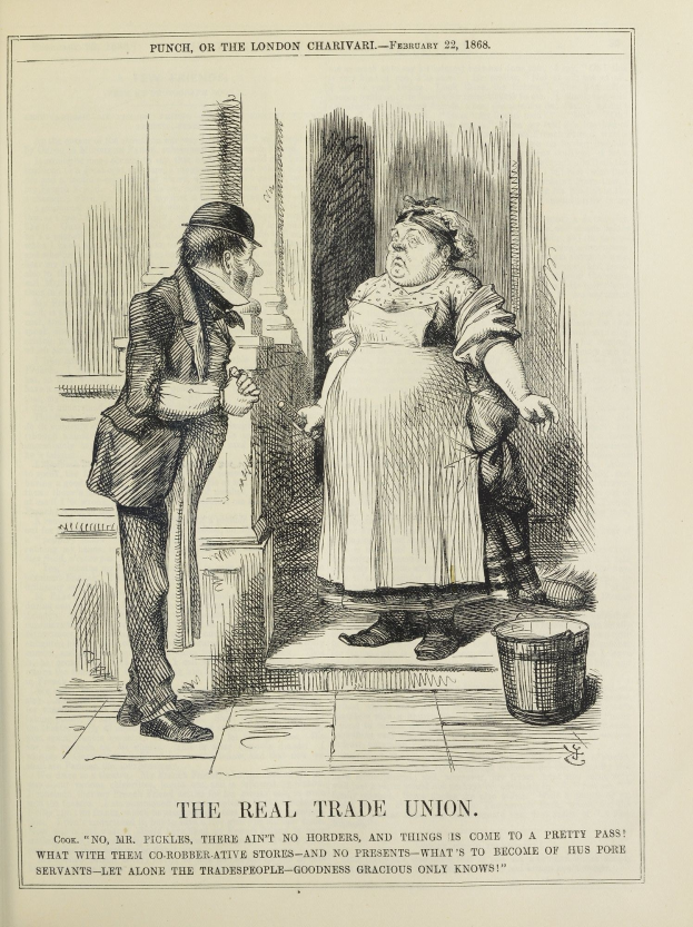 Ein Blatt mit einer Zeichnung eines Mannes und einer Frau neben einem Eimer, begleitet von Text, der unten 'Die wahre Gewerkschaft' lautet.