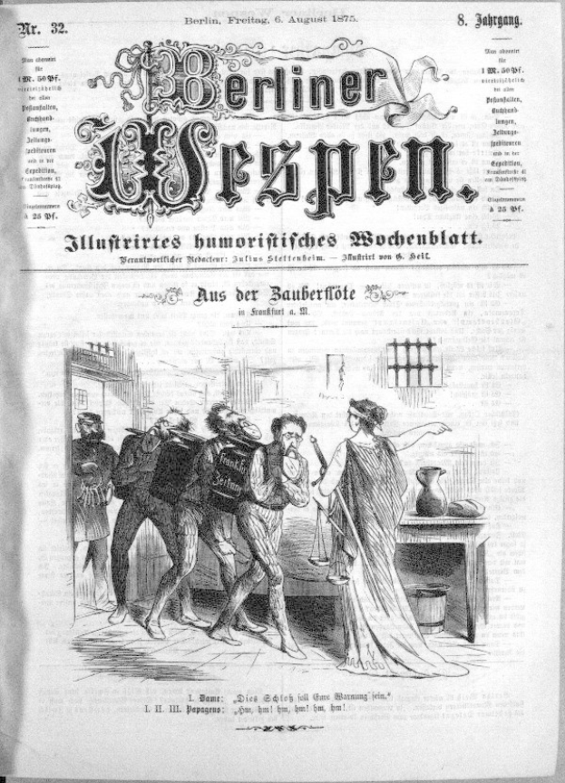 Schwarze und weiße Zeitung mit der Überschrift "Berliner Wespen, 6. August 1875", die eine Gruppe von Menschen zeigt, die besorgt wirken und einige ängstlich nach oben und andere verwirrt nach unten blicken.