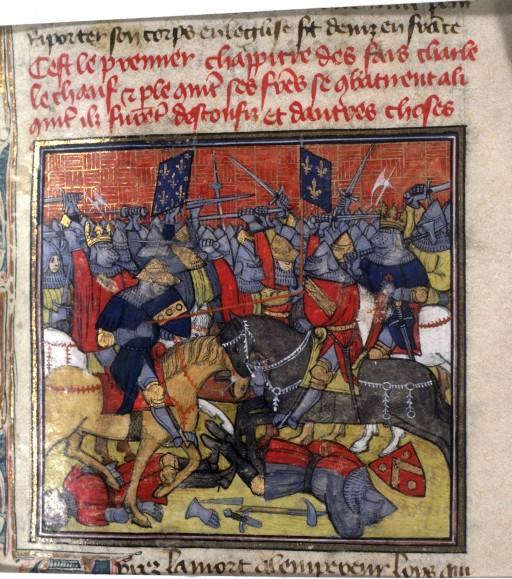 Ein illuminiertes Manuskript, das die Schlacht von Waterloo zeigt, mit Männern zu Pferd, bewaffnet mit Schwertern und Schilden, umgeben von leuchtenden Farben und detaillierten Verzierungen, mit Text in einer schönen Schrift.