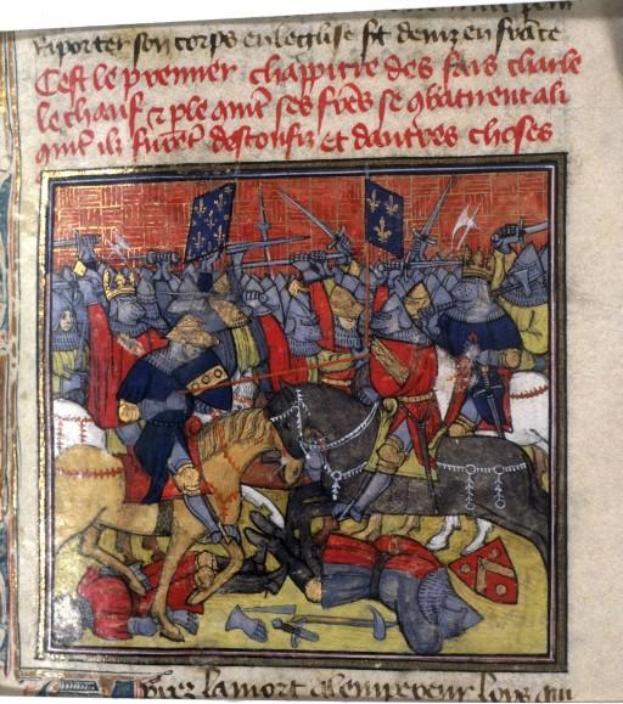 Ein illuminiertes Manuskript, das die Schlacht von Waterloo zeigt, mit Männern zu Pferd, bewaffnet mit Schwertern und Schilden, umgeben von leuchtenden Farben und detaillierten Verzierungen, mit Text in einer schönen Schrift.