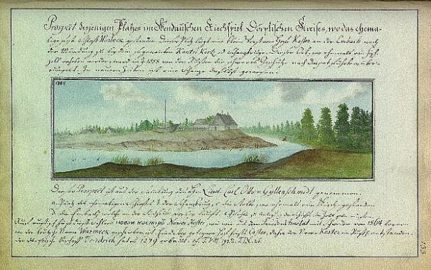 Ein altes Buch mit dem Titel "Deutsche Landschaften, Landschaft und Landschaft Deutschlands, 18. Jahrhundert" mit einer Illustration eines Flusses, eines Hauses, Bäume, Gras und einem bewölktem Himmel.
