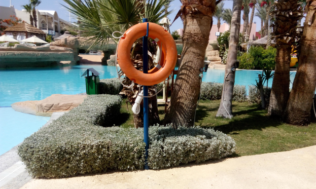 Ein Schwimmbad mit einem Rettungsring in der Mitte, umgeben von grünem Gras, Pflanzen und Bäumen, mit Gebäuden und Sonnenschirmen im Hintergrund unter einem klaren blauen Himmel.
