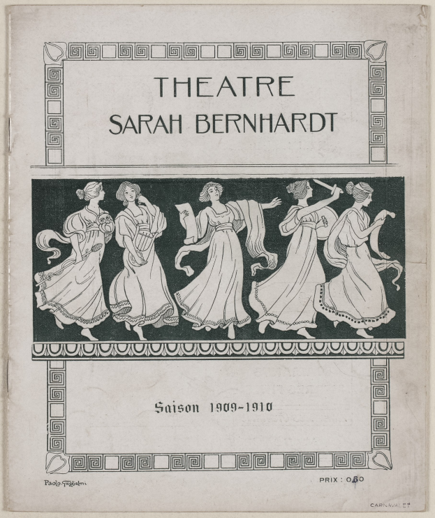 Plakat für das Theater Sarah Bernhardt von 1909-1910, das eine Gruppe von Frauen in der Mitte zeigt, mit Texten, die das Theater und seine Schauspieler beschreiben.