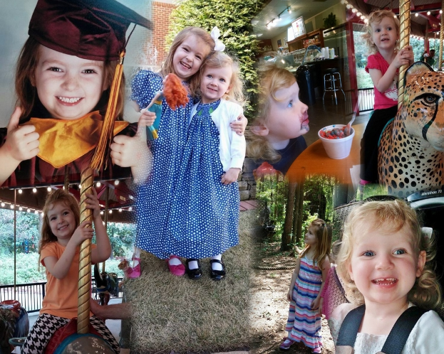 Ein Collage mit Vergnügungsparks, einem Tisch mit Lebensmitteln, darunter ein Becher und ein Löffel, verschiedenen Gegenständen, Lichtern, einer Wand, Büschen, Bäumen, Gras, einem Seil und einem Hut.