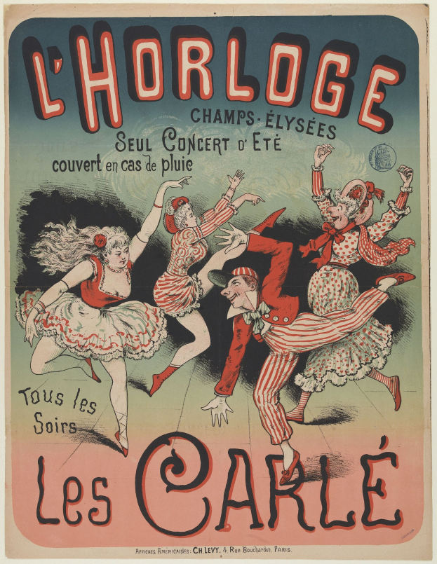 Ein farbenfrohes Konzertplakat für ein Event im Chorlage in Paris, Frankreich, das eine Gruppe von Menschen in bunten Kostümen mit strahlenden Gesichtern beim Tanzen zeigt, vor einem kräftigen gelben Hintergrund mit umgebendem Text.