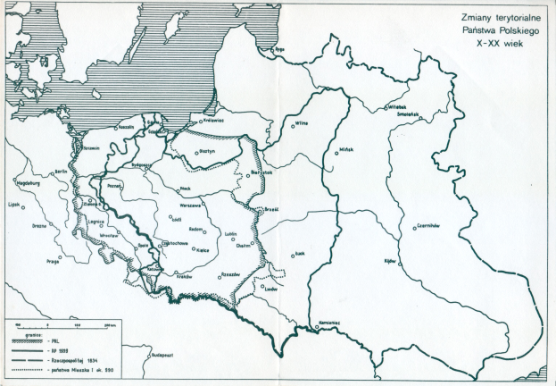 Ein Plakat mit einer detaillierten Karte Polens und dem Umfang des polnischen Reichs, versehen mit Text und numerischen Daten.