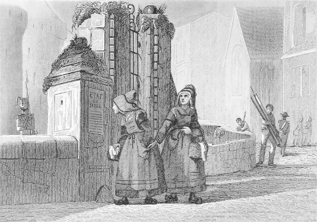 Schwarz-Weiß-Gravur Von Zweien Frauen, Die Vor Einem Gebäude Stehen, Mit Anderen Leuten Im Hintergrund, Betitelt "Victorianische Frauen In Der Stadt London."