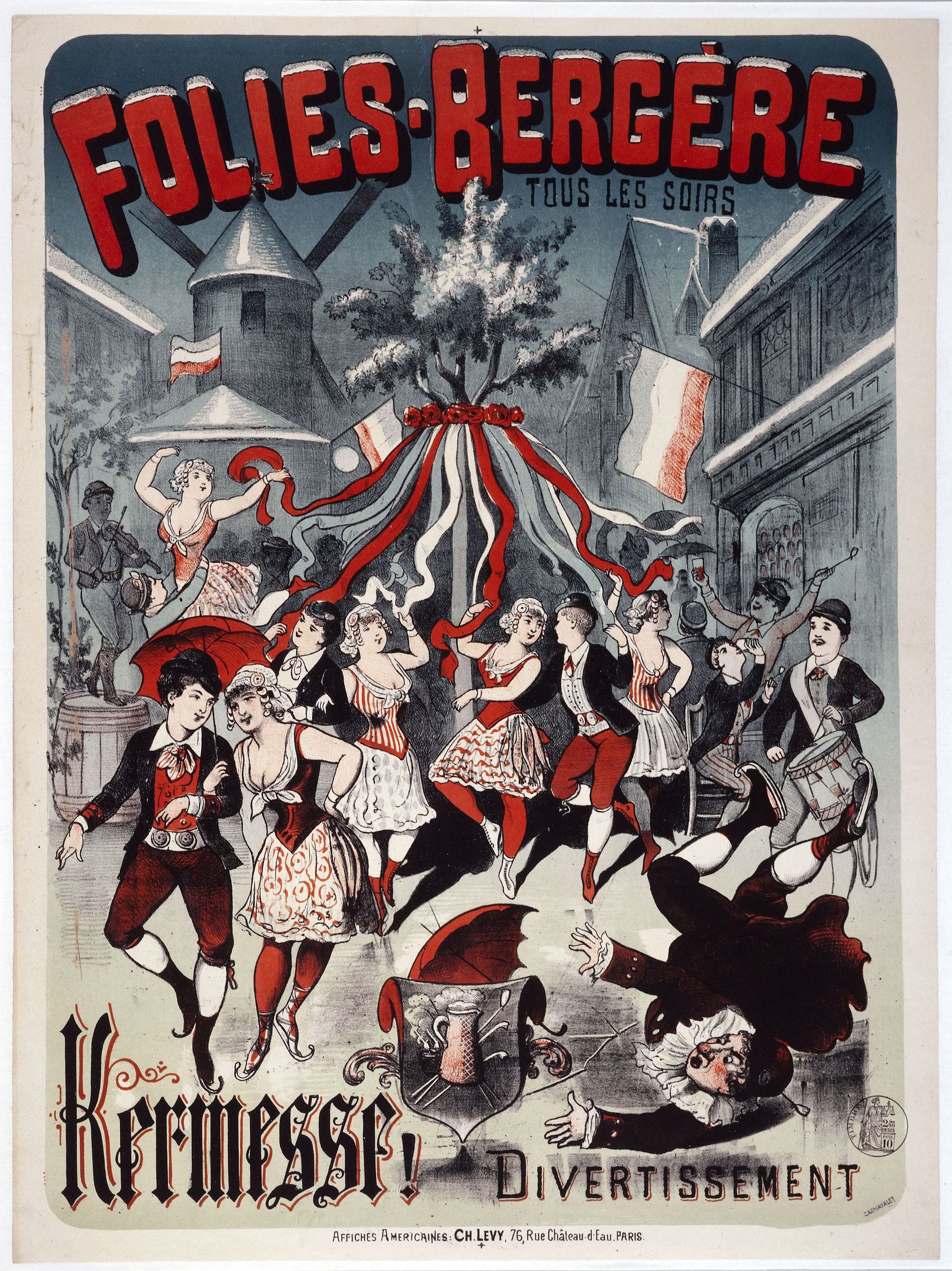 Plakat für das Folies-Bergère-Festival in Paris: Eine Gruppe von Menschen tanzt vor Gebäuden, Fahnen und einem Baum, mit französischer Schrift oben und unten.