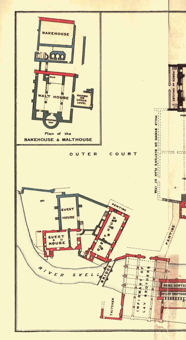 Ein altes Gebäudeplan mit mehreren Zimmern und einem Haus, das Text enthält, der das Layout beschreibt.