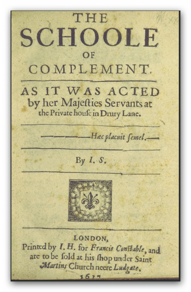 Ein Plakat mit fetter schwarzer Schrift auf einem weißen Hintergrund, eingerahmt von einem dünnen schwarzen Rand, das "The School of Completion as it was acted by her Majesties Servants at the Private House in Drury Lane." zeigt