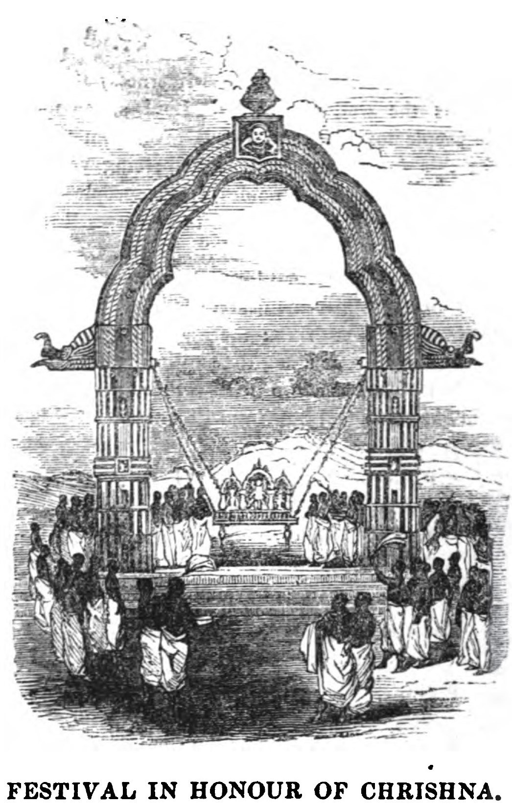 Schwarzes und weißes Zeichnung eines Festes zu Ehren von Krishna mit einem zentralen Bogen und Menschen drumherum, mit Text unten.