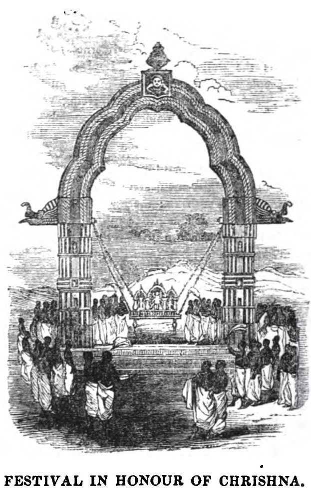 Schwarzes und weißes Zeichnung eines Festes zu Ehren von Krishna mit einem zentralen Bogen und Menschen drumherum, mit Text unten.