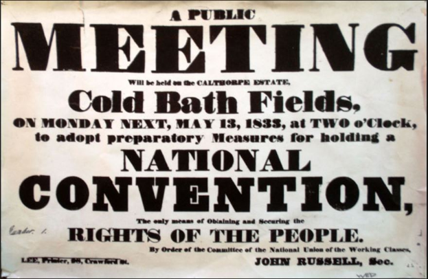 Ein Schwarz-Weiß-Plakat, das eine öffentliche Versammlung auf den Cold Bath Fields ankündigt, betitelt mit "Nationaler Kongress, Rechte des Volkes."