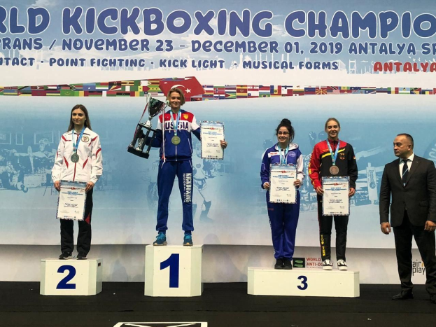 Eine Gruppe von fünf Menschen auf einem Podium, jeder hält einen Pokal und Urkunden, im Hintergrund eine Fahne mit der Aufschrift "Welt-Kickbox-Meisterschaft Antalya 2019".