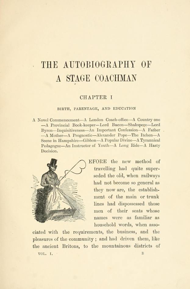 Offenes Buch mit dem Titel "Die Autobiografie eines Kutschers" und einer Zeichnung eines ernst aussehenden Kutschers in einem Anzug, Hut und mit einer Peitsche und einem Buch.