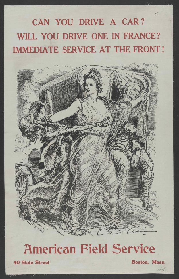 Ein Plakat mit schwarzem Hintergrund, das eine Frau und einen Mann zeigt, mit der Aufschrift "Können Sie ein Auto fahren? Werden Sie eines in Frankreich fahren? Sofortdienst am vorderen Ende."