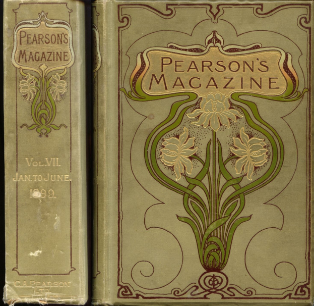 Zwei Bände von "Pearson's Magazine, Vol. VII, January to June, 1899" vor dunklem Hintergrund.