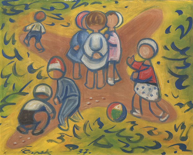 Malen auf einer Tafel, die Kinder beim Spielen mit einem Ball in einem hellen, fröhlichen Feld zeigt.