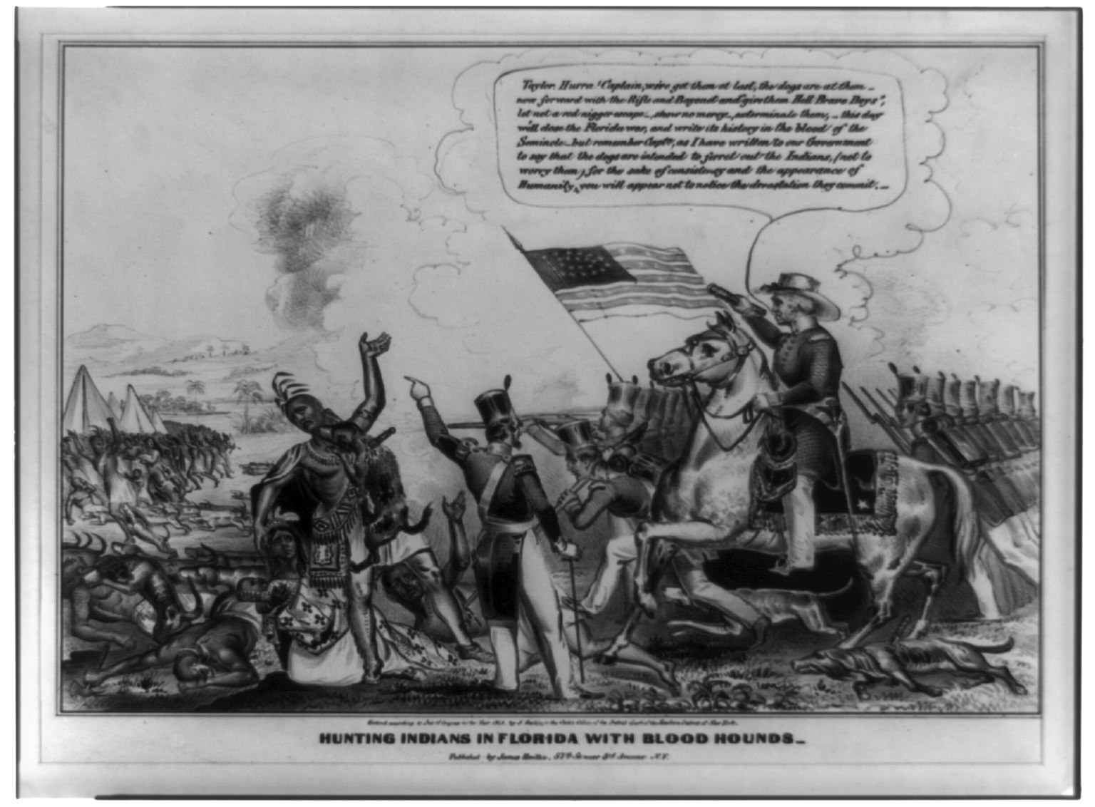 Schwarzes und weißes Foto einer Gruppe von Menschen, einige zu Pferde, mit einer Flagge im Hintergrund und Text unten mit der Aufschrift "Jagen von Indianern in Florida mit Bluthunden".