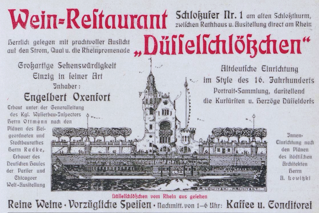 Eine Vintage-Restaurantwerbung mit einem zentralen Gebäudebild umgeben von Text.