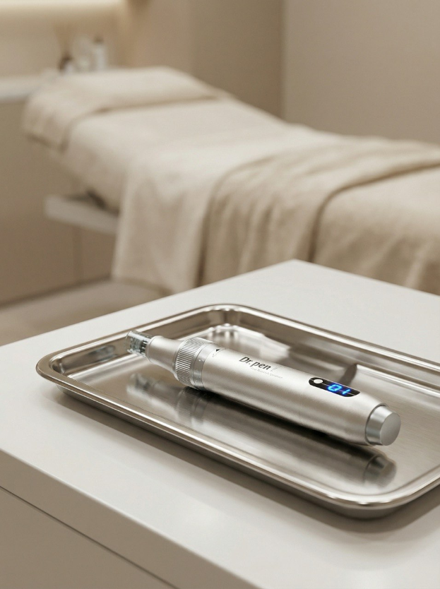 Steriles Microneedling-Instrument auf einem Tablett in einem modernen Kosmetiksalon.