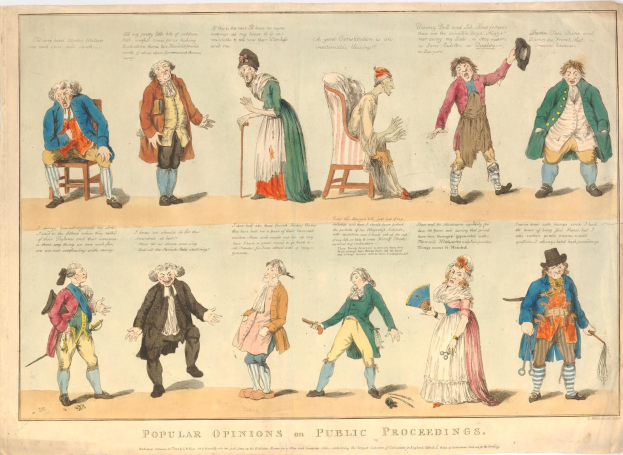 Ein Papiercollage mit Fotos von Menschen und handgeschriebener Schrift, die öffentliche Meinungen zu rechtlichen Verfahren darstellt.